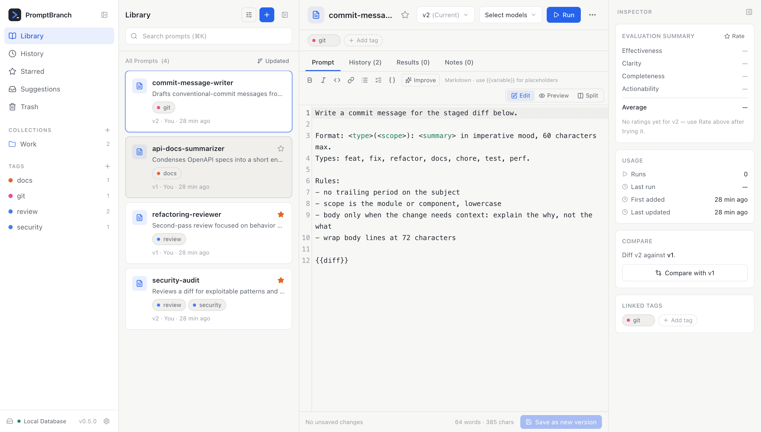 The PromptBranch desktop app in light mode: a prompt library with tagged, versioned prompts, the editor, and the evaluation inspector