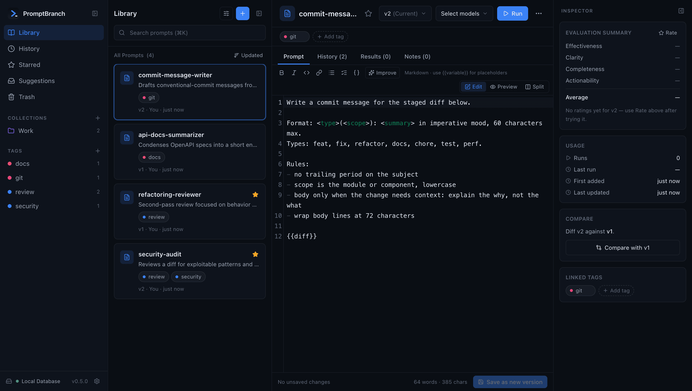 The PromptBranch desktop app in dark mode: a prompt library with tagged, versioned prompts, the editor, and the evaluation inspector